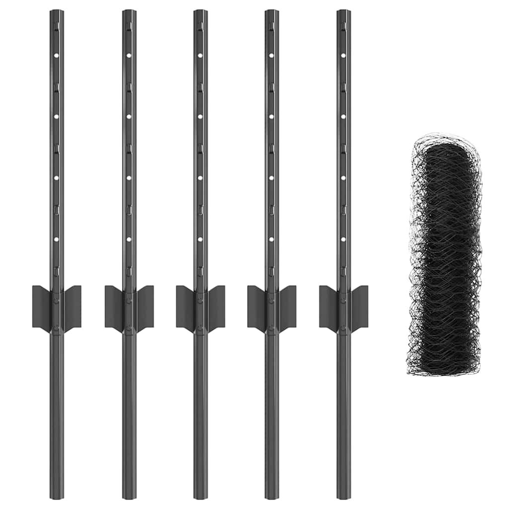 Hexagonal Fence with Post 10 x 0.4 m PVC-Coated Steel Grey Mesh