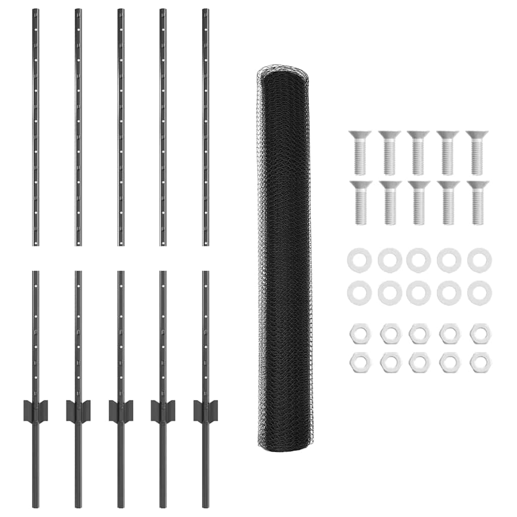 Hexagonal Fence with Post 10 x 1 m PVC-Coated Steel Grey Mesh