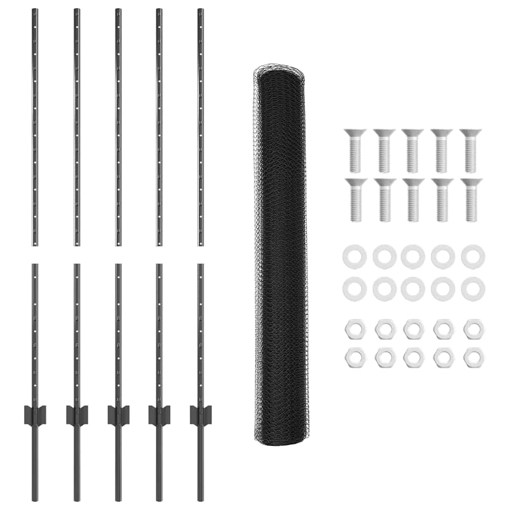 Hexagonal Fence with Post 10 x 1.2 m PVC-Coated Steel Grey Mesh