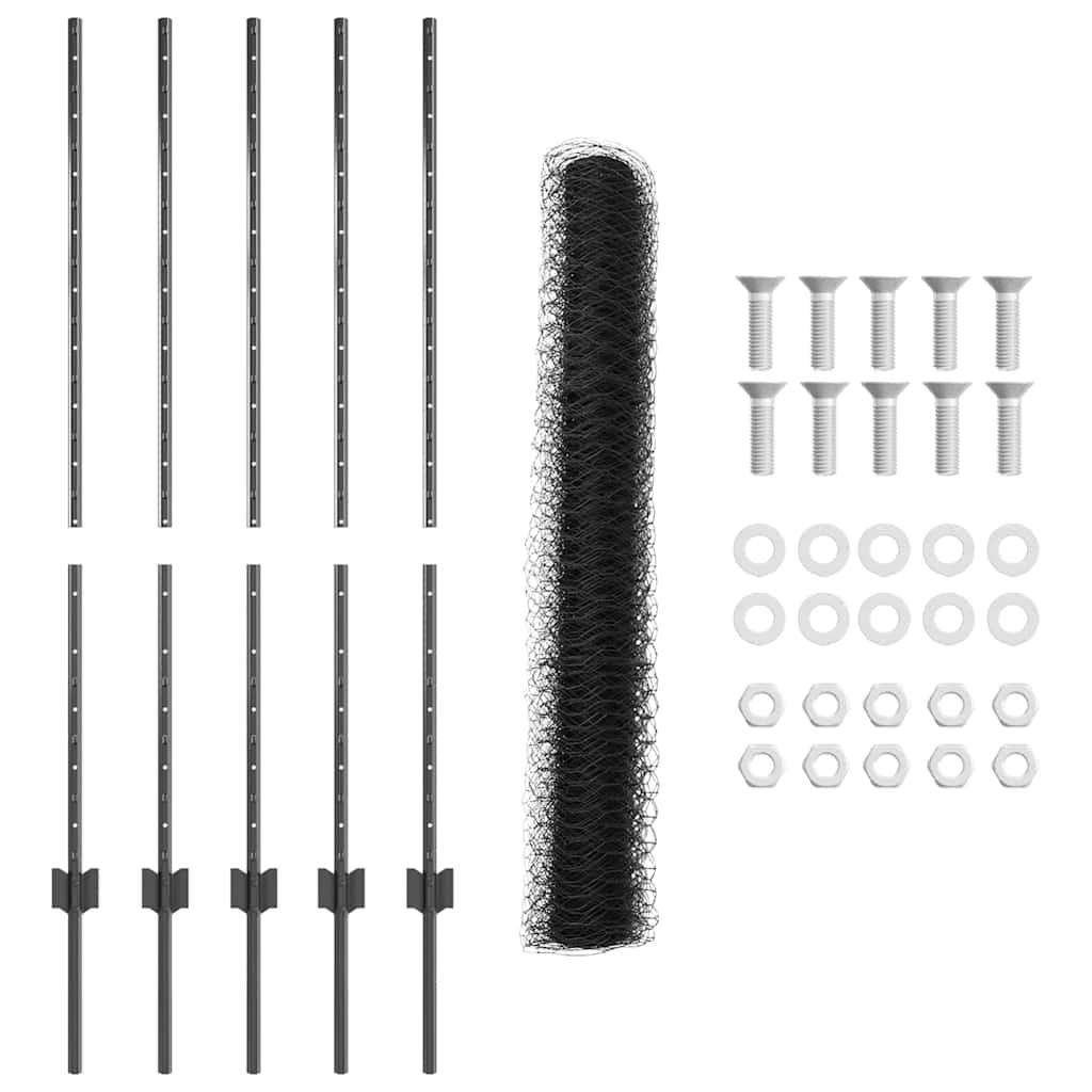 Hexagonal Fence with Post 10 x 1.2 m PVC-Coated Steel Grey Mesh