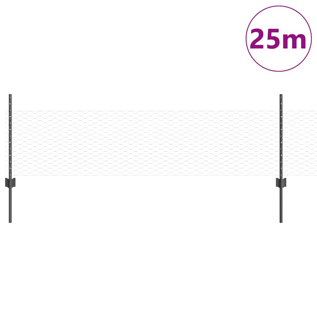 Hexagonal Fence with Post 25 x 0.5 m PVC-Coated Steel Grey Mesh
