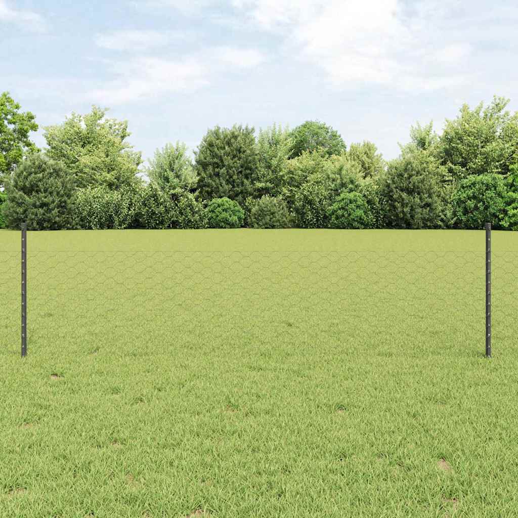 Hexagonal Fence with Post 25 x 0.5 m PVC-Coated Steel Grey Mesh