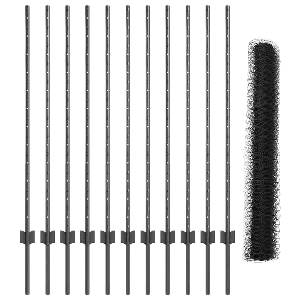 Hexagonal Fence with Post 25 x 1.2 m PVC-Coated Steel Grey Mesh