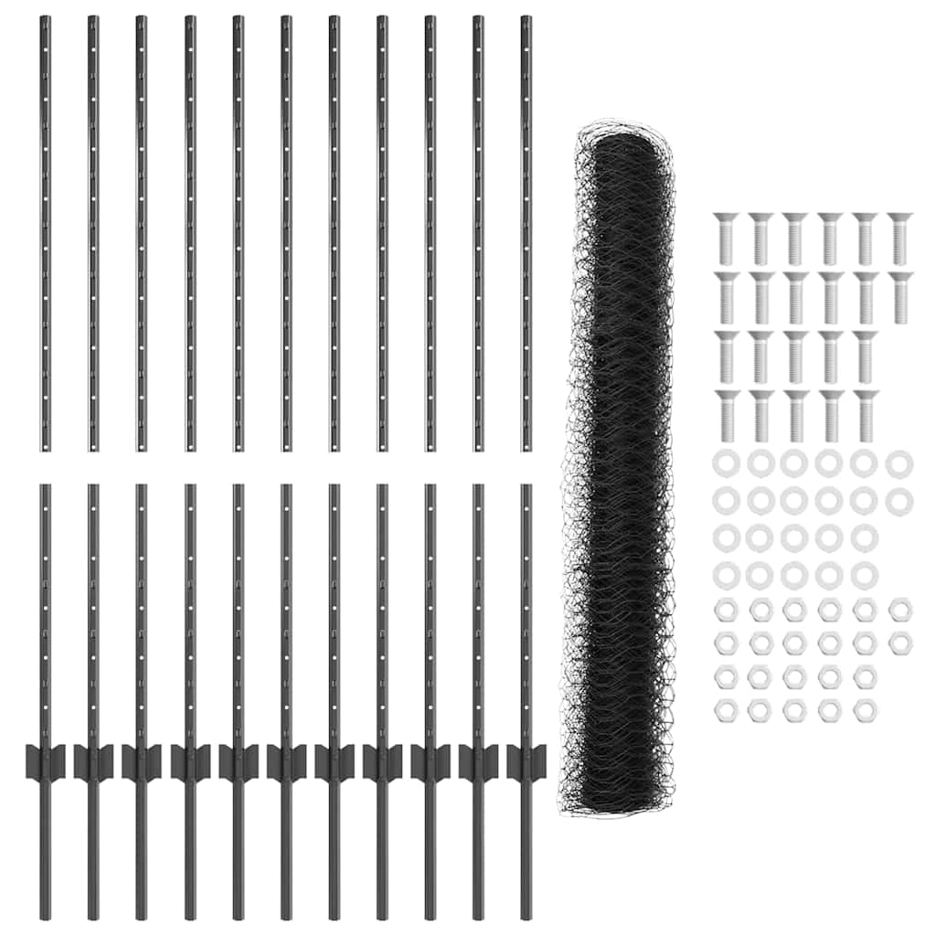 Hexagonal Fence with Post 25 x 1.2 m PVC-Coated Steel Grey Mesh