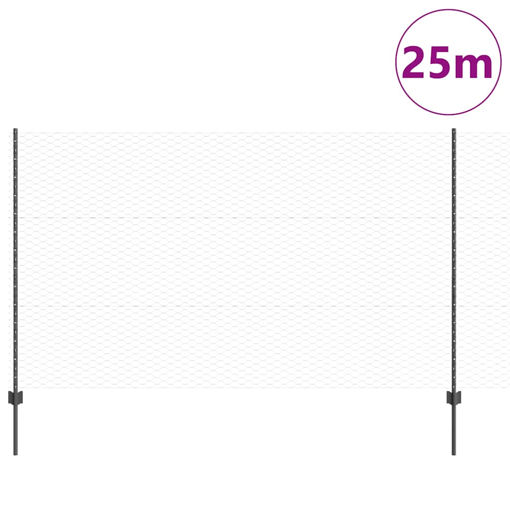 Hexagonal Fence with Post 25 x 1.4 m PVC-Coated Steel Grey Mesh
