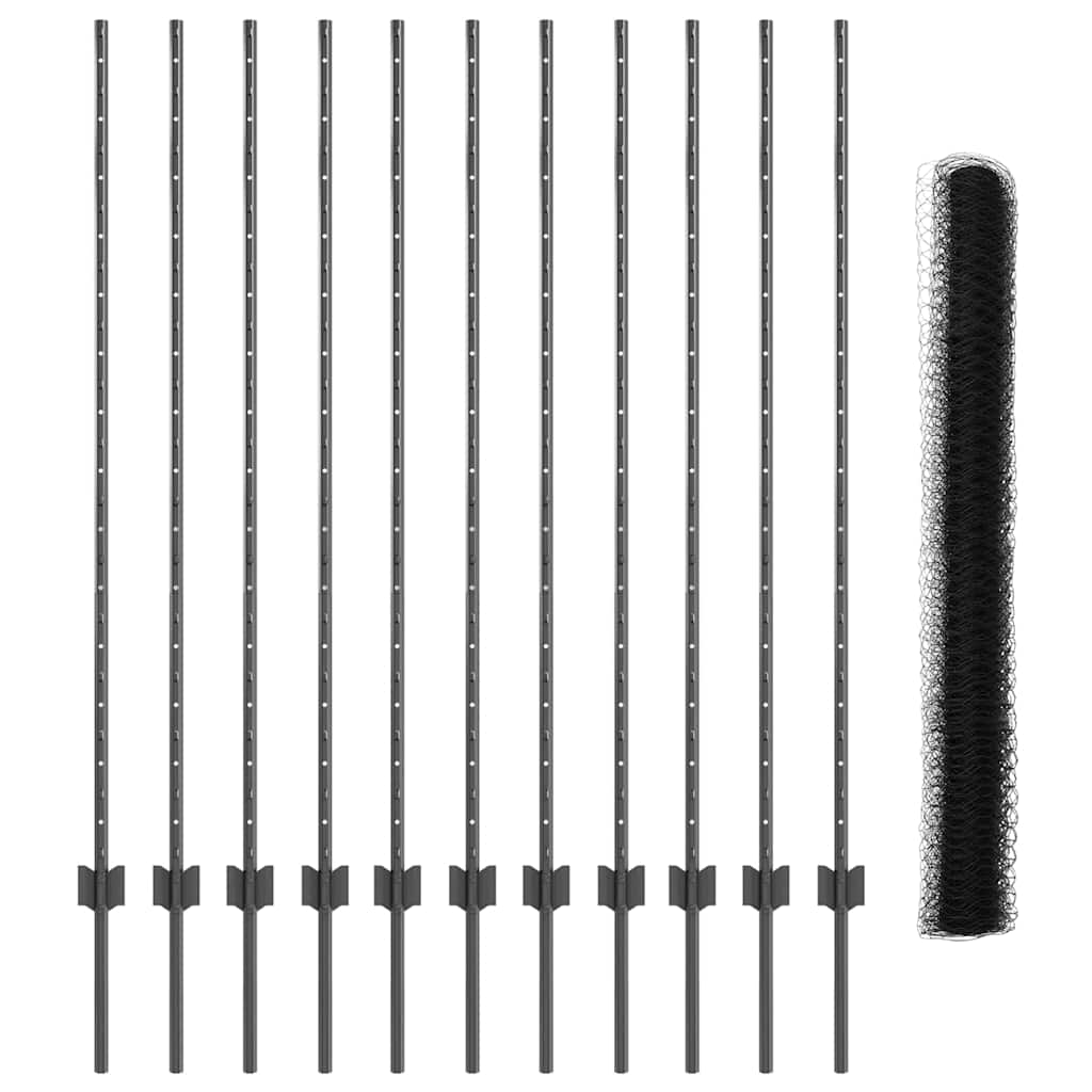 Hexagonal Fence with Post 25 x 1.4 m PVC-Coated Steel Grey Mesh