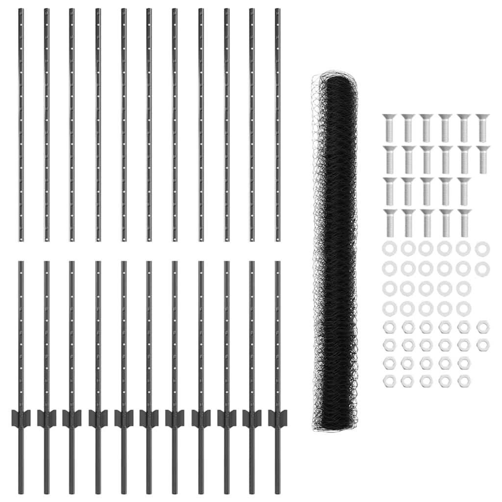 Hexagonal Fence with Post 25 x 1.4 m PVC-Coated Steel Grey Mesh