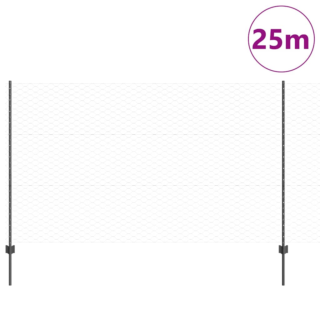 Hexagonal Fence with Post 25 x 1.4 m PVC-Coated Steel Grey Mesh