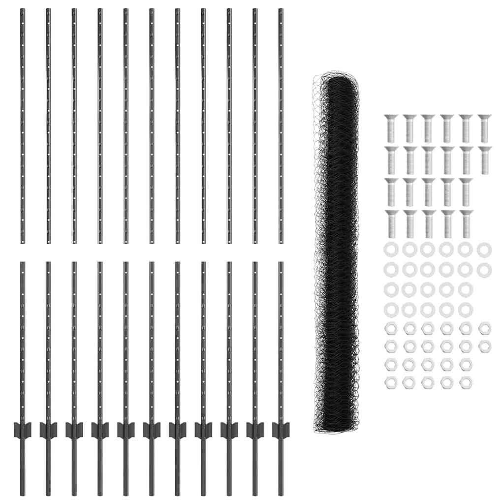 Hexagonal Fence with Post 25 x 1.6 m PVC-Coated Steel Grey Mesh