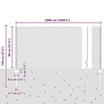 Hexagonal Fence with Post 50 x 0.8 m PVC-Coated Steel Grey Mesh