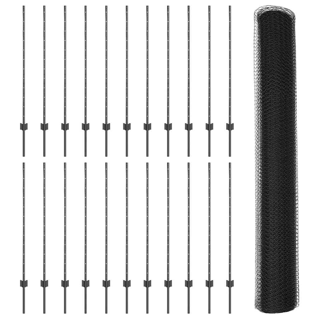 Hexagonal Fence with Post 50 x 1.2 m PVC-Coated Steel Grey Mesh