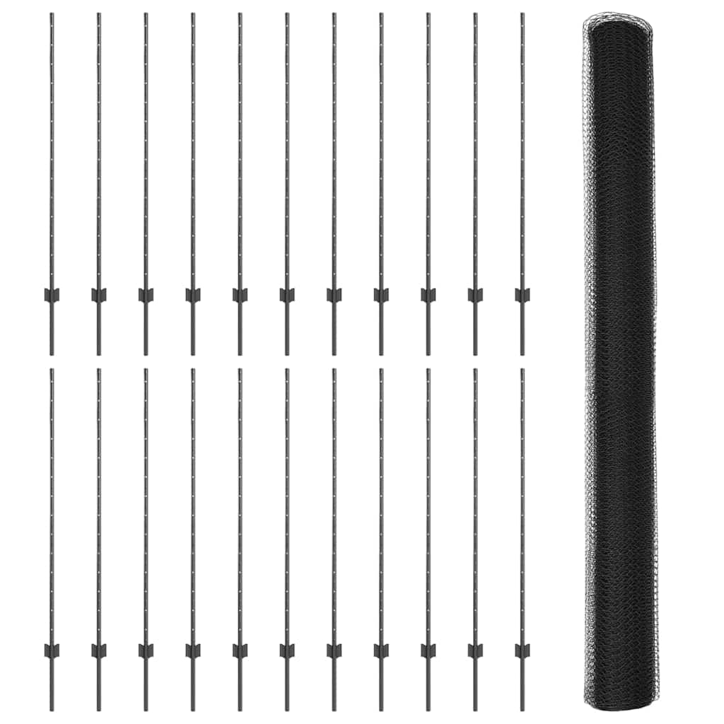 Hexagonal Fence with Post 50 x 1.4 m PVC-Coated Steel Grey Mesh