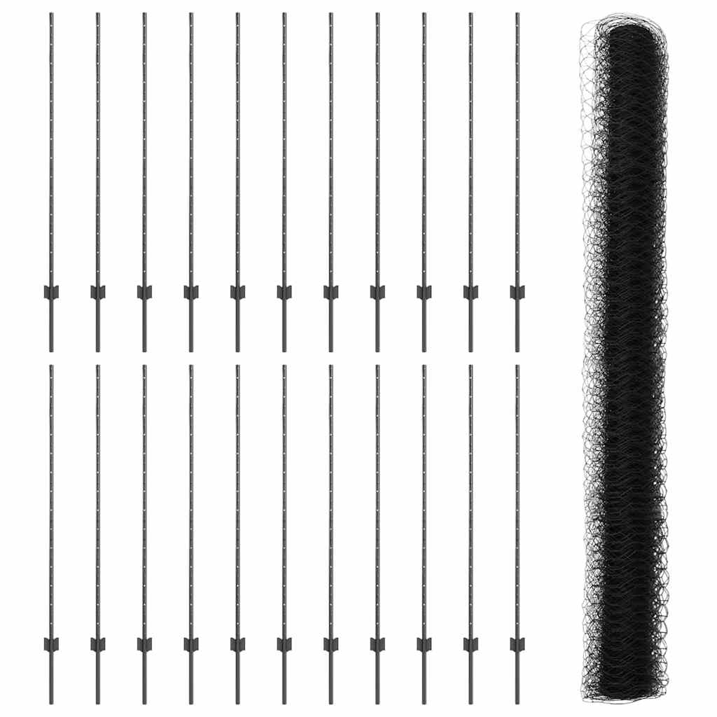 Hexagonal Fence with Post 50 x 1.4 m PVC-Coated Steel Grey Mesh