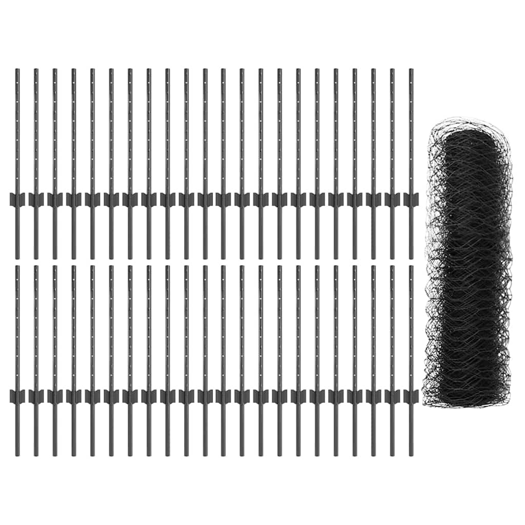 Hexagonal Fence with Post 100 x 0.6 m PVC-Coated Steel Grey