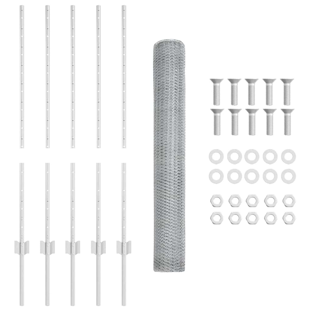Hexagonal Fence with Post 10 x 1 m Galvanised Steel Silver Mesh