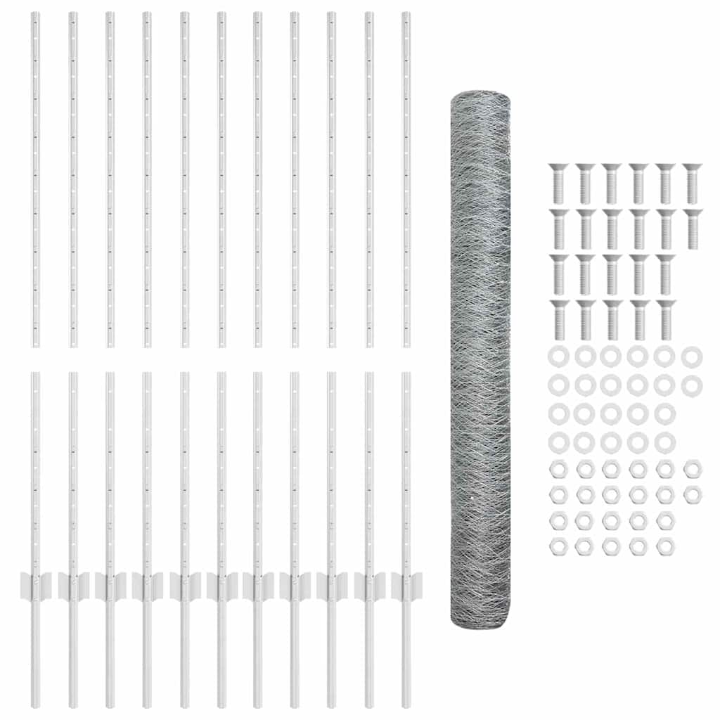 Hexagonal Fence with Post 25 x 1.2 m Galvanised Steel Silver