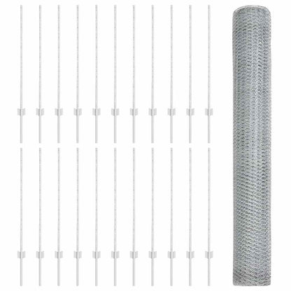 Hexagonal Fence with Post 50 x 1 m Galvanised Steel Silver Mesh