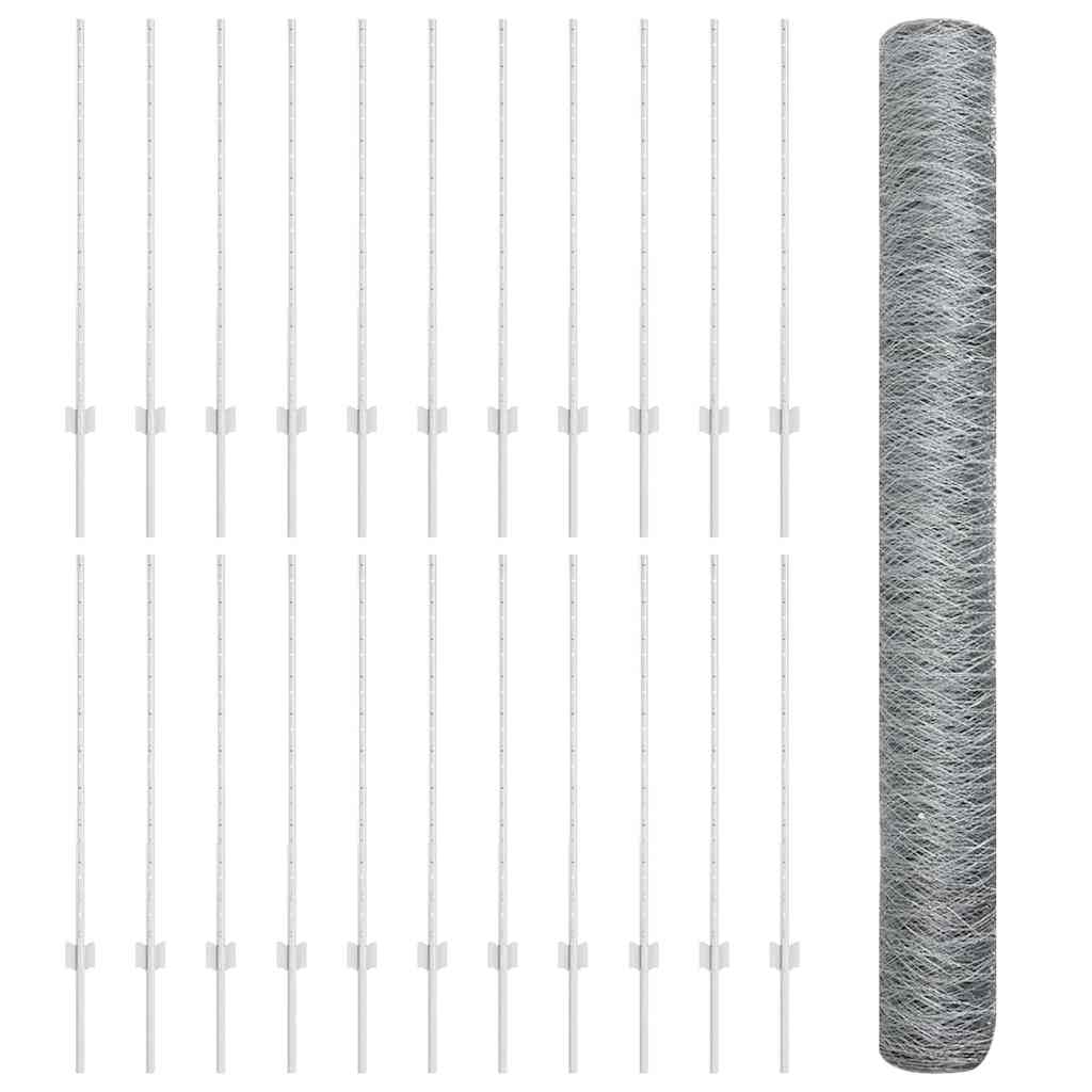 Hexagonal Fence with Post 50 x 1 m Galvanised Steel Silver Mesh