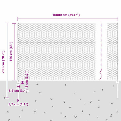 Hexagonal Fence with Post 100 x 1.6 m Galvanised Steel Silver