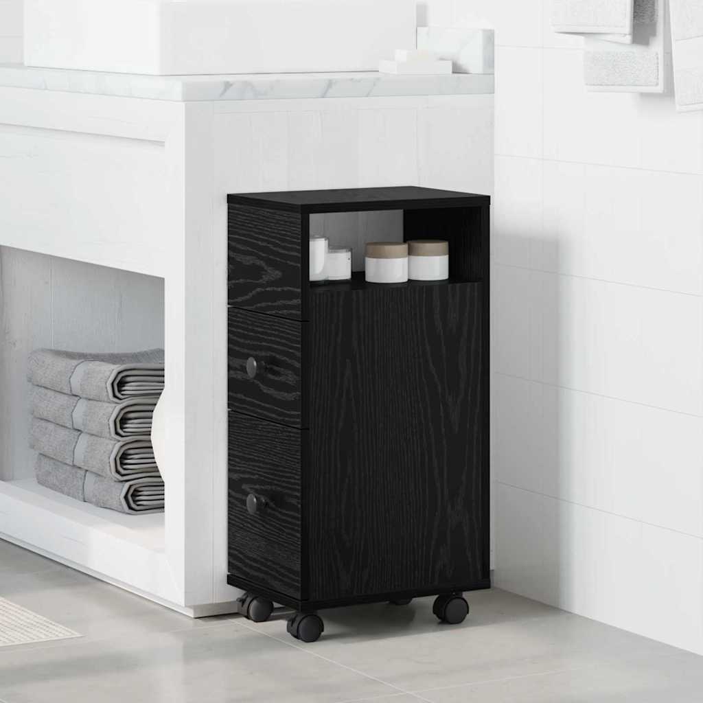 Narrow Bathroom Cabinet with Wheel Black oak 33 x 23 x 65 cm