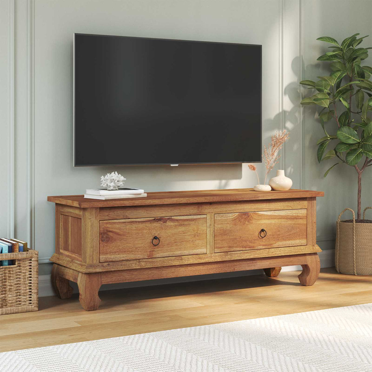 TV Stand with Drawer Natural 110 x 35 x 40 cm Solid Teak Wood