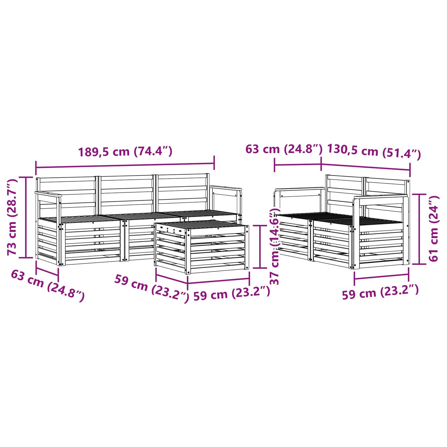 Sofa Sets 6 pcs Natural Solid Acacia Wood