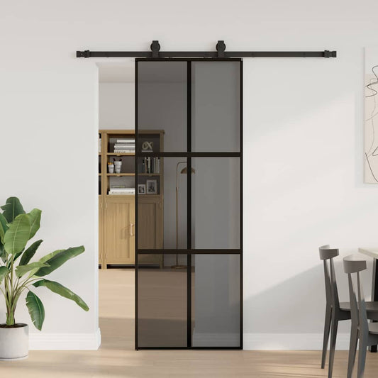 Sliding Door with Hardware Set Black 76x205 cm Tempered Glass