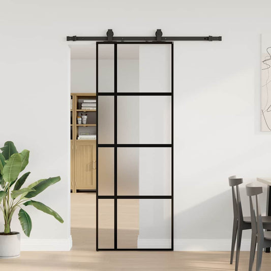 Sliding Door with Hardware Set Black 76x205 cm Tempered Glass