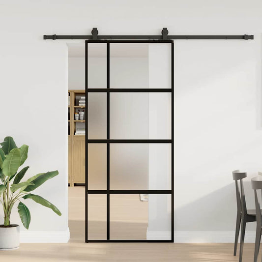 Sliding Door with Hardware Set Black 90x205 cm Tempered Glass