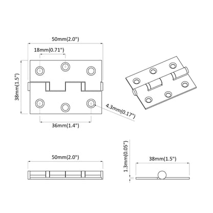 Hinge 2 pcs Silver 50 x 38 x 1.3 mm Steel