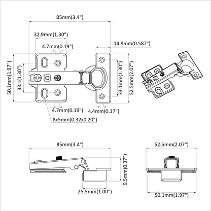 Hinge 2 pcs Nickel 85 x 52.5 x 9.5 mm Iron