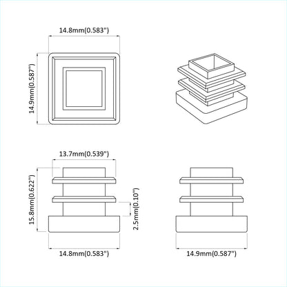 End Caps 12 pcs Black 15 x 15 x 15 mm PP