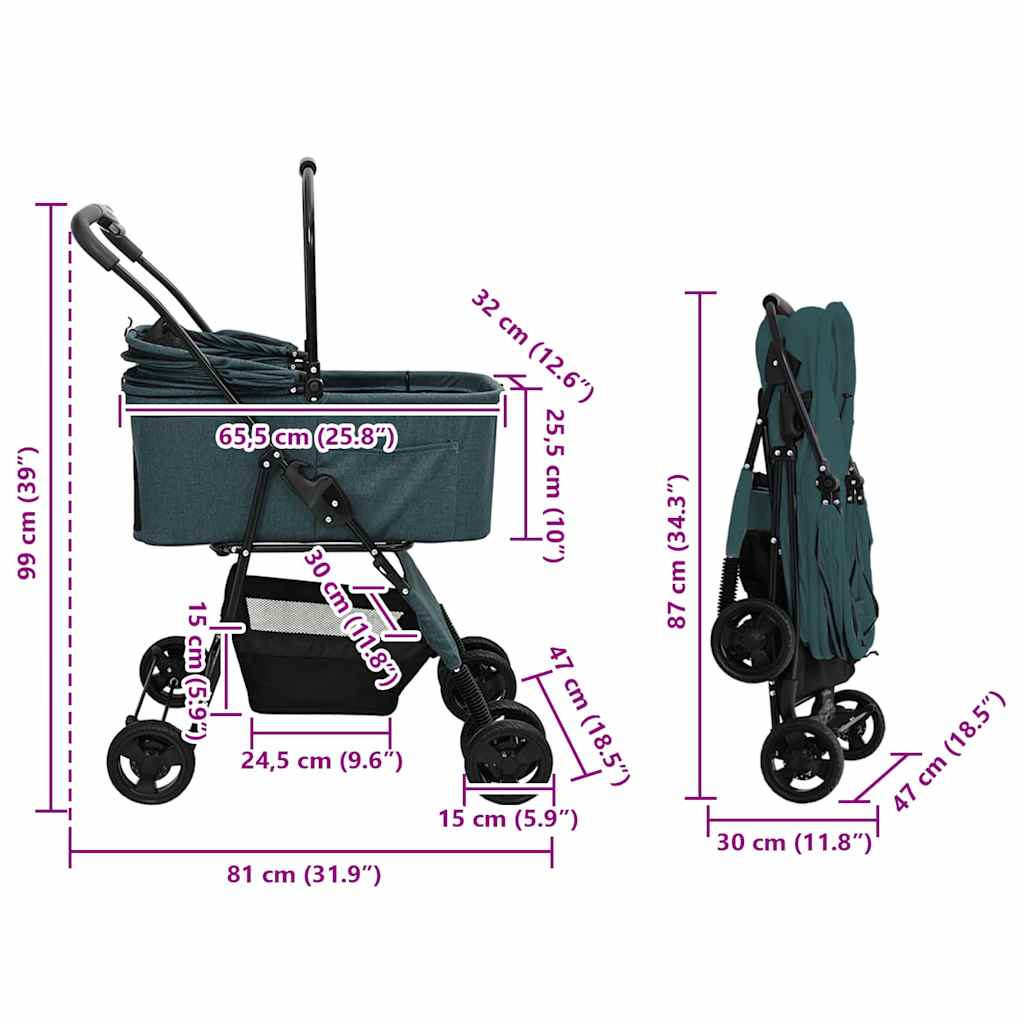 Folding Pet Stroller Adjustable Green 81 x 47 x 99 cm Polyester