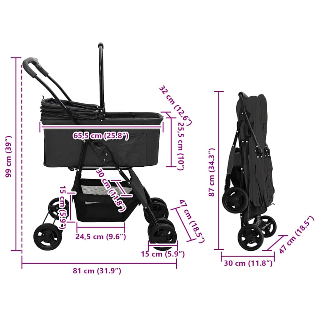 Folding Pet Stroller Adjustable Black 81 x 47 x 99 cm Polyester