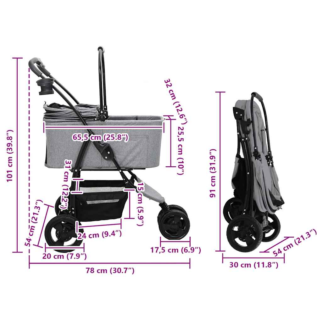 Folding Pet Stroller Adjustable Grey 78 x 54 x 101 cm Polyester