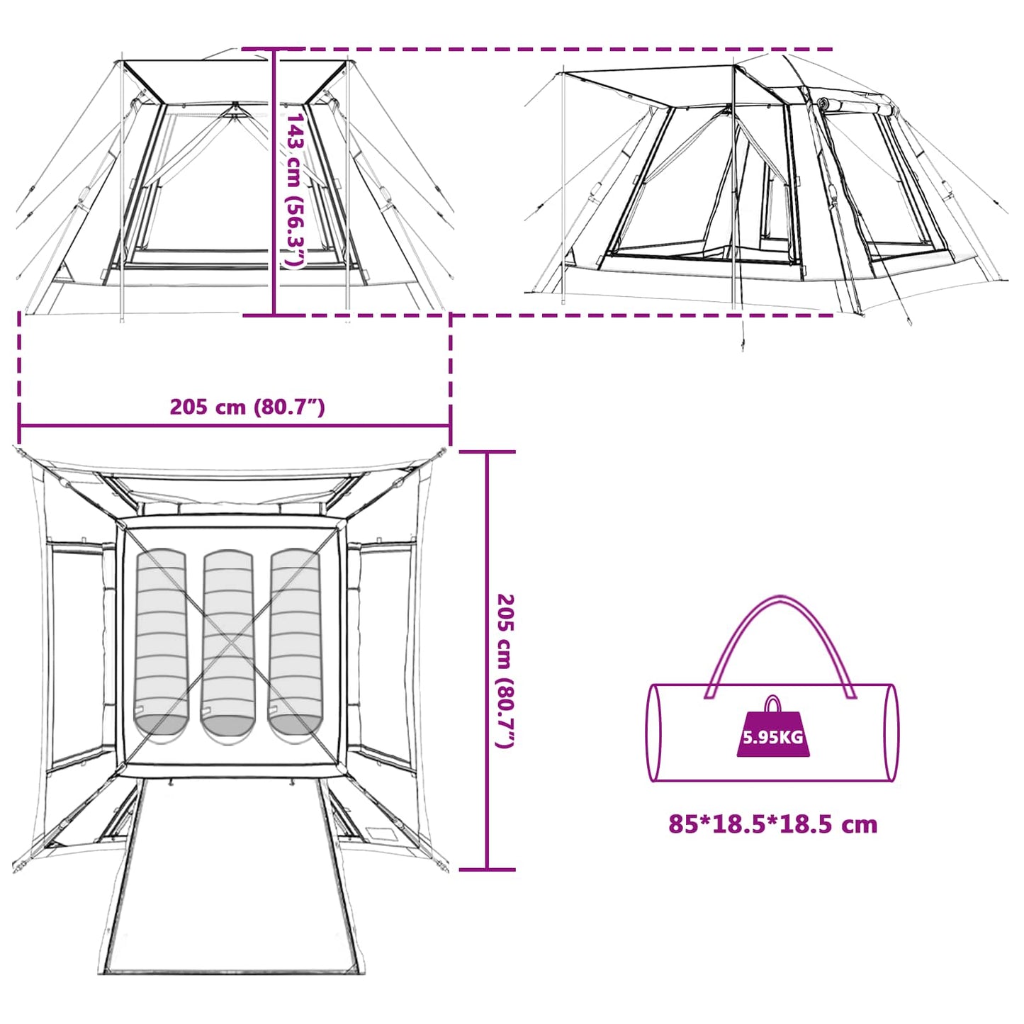 Instant Tent with Rainfly 3-Person Quick-Release with Roof Blue