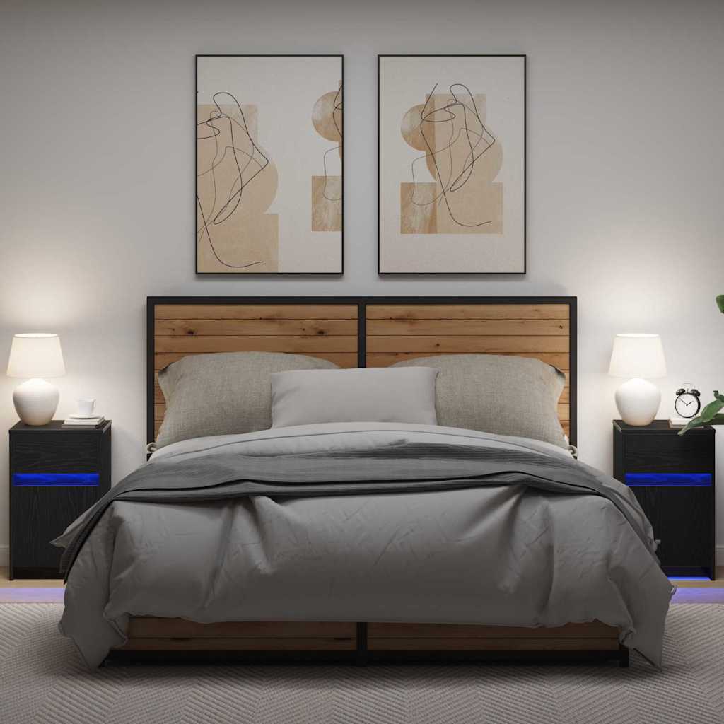 LED Bedside Cabinet with Drawer 2 pcs Black oak 38 x 34 x 61 cm