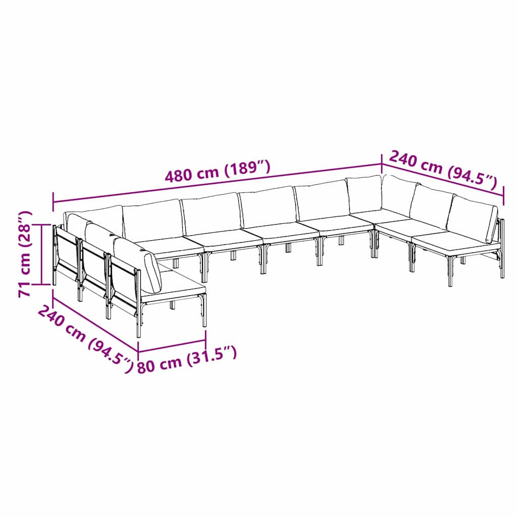 Garden Sofa Set with Cushion 10 pcs Black Steel