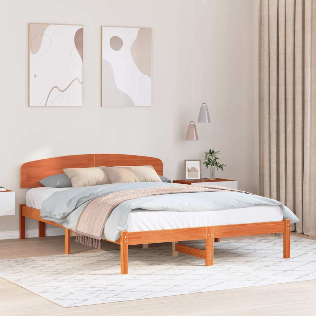 Bed Frame with Headboard Wax Brown 140 x 200 cm Solid Pine Wood