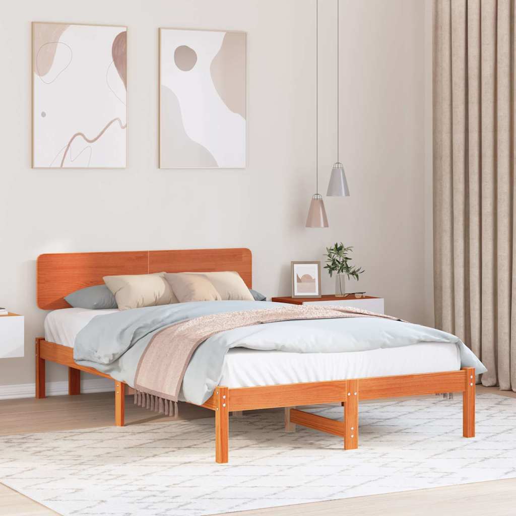 Bed Frame with Headboard Wax Brown 135 x 190 cm Solid Pine Wood