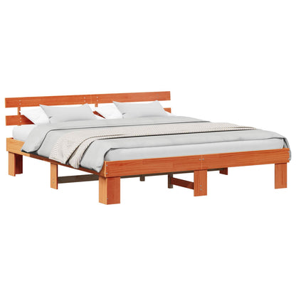 Bed Frame with Headboard Wax Brown 200 x 200 cm Solid Pine Wood