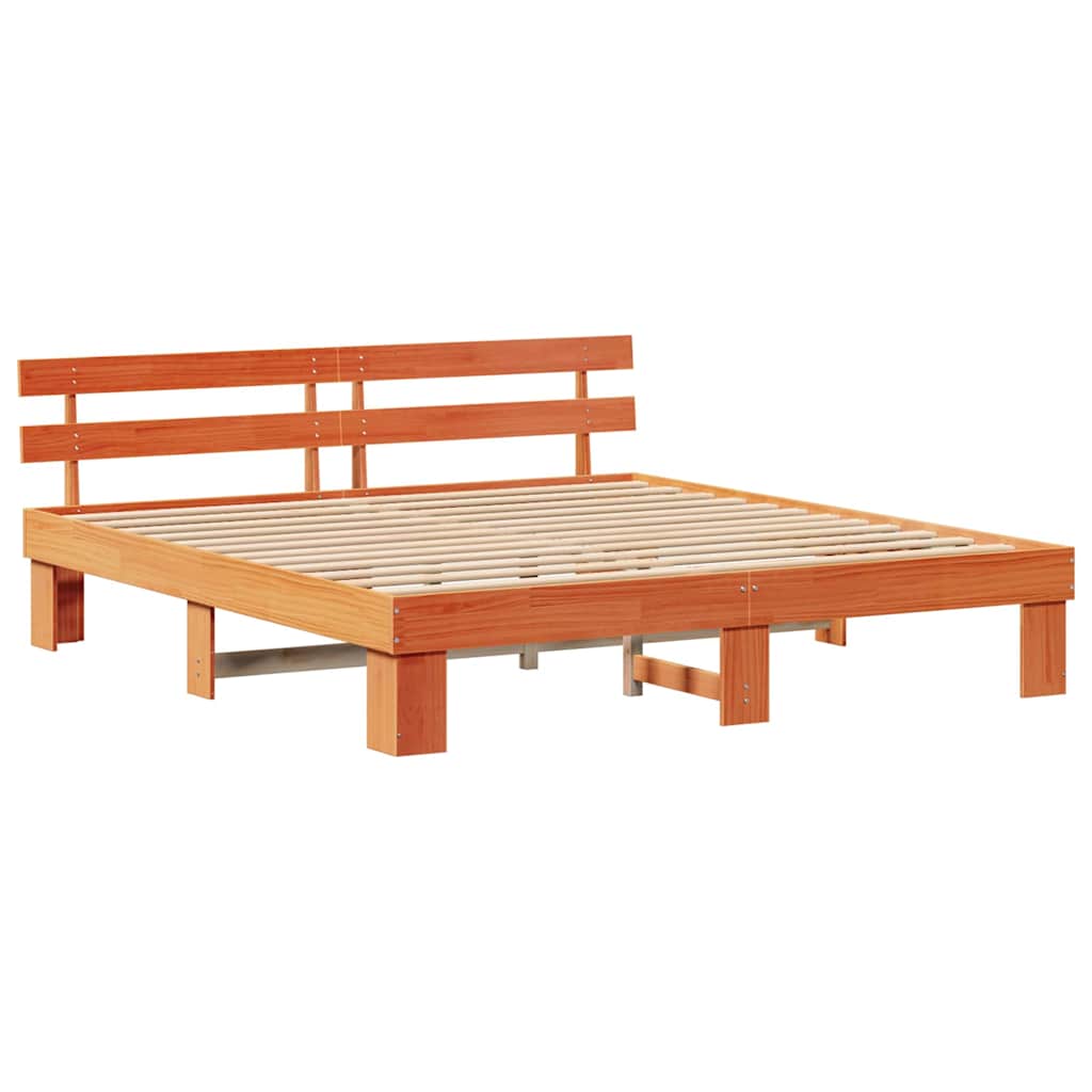 Bed Frame with Headboard Wax Brown 200 x 200 cm Solid Pine Wood