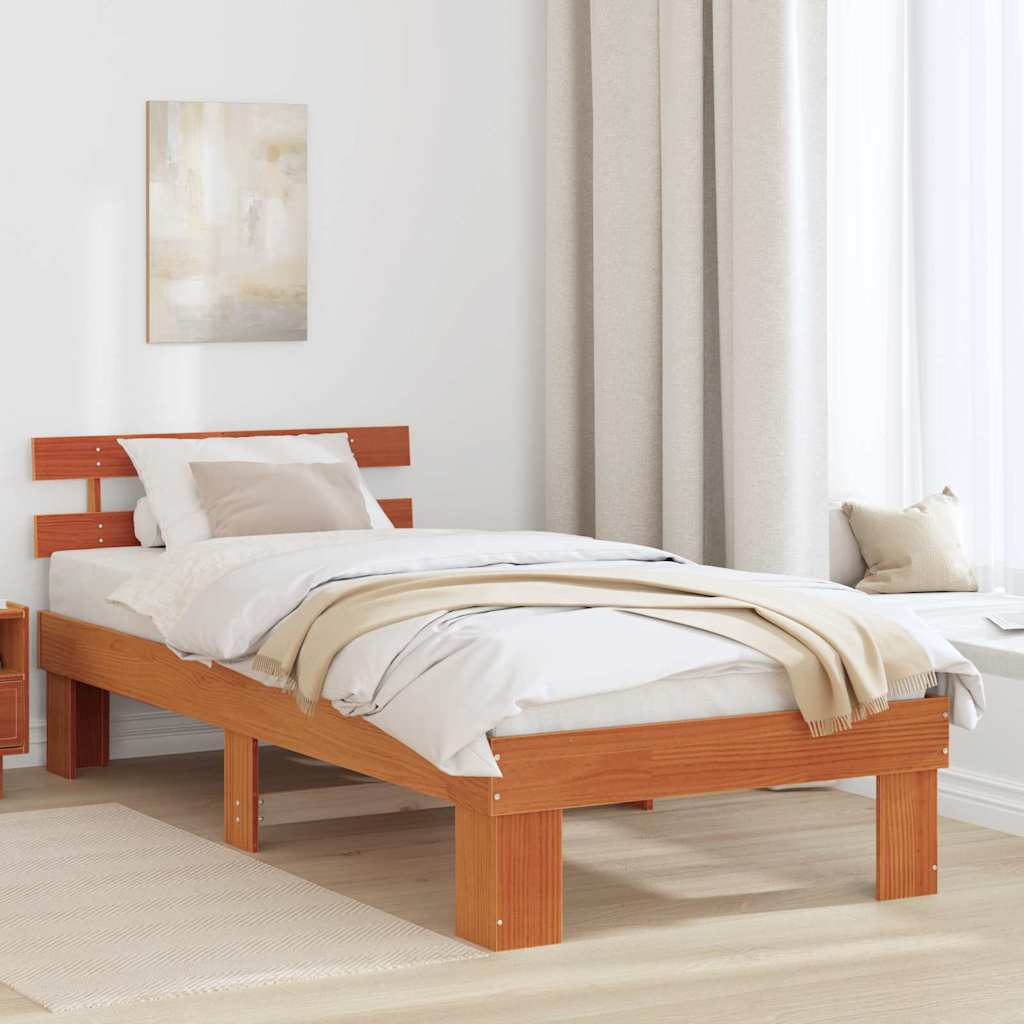 Bed Frame with Headboard Wax Brown 75 x 190 cm Solid Pine Wood