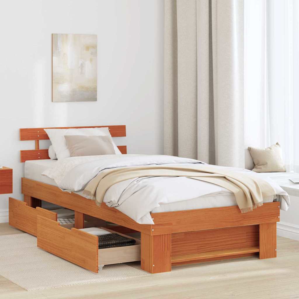 Bed Frame with Headboard Wax Brown 100 x 200 cm Solid Pine Wood