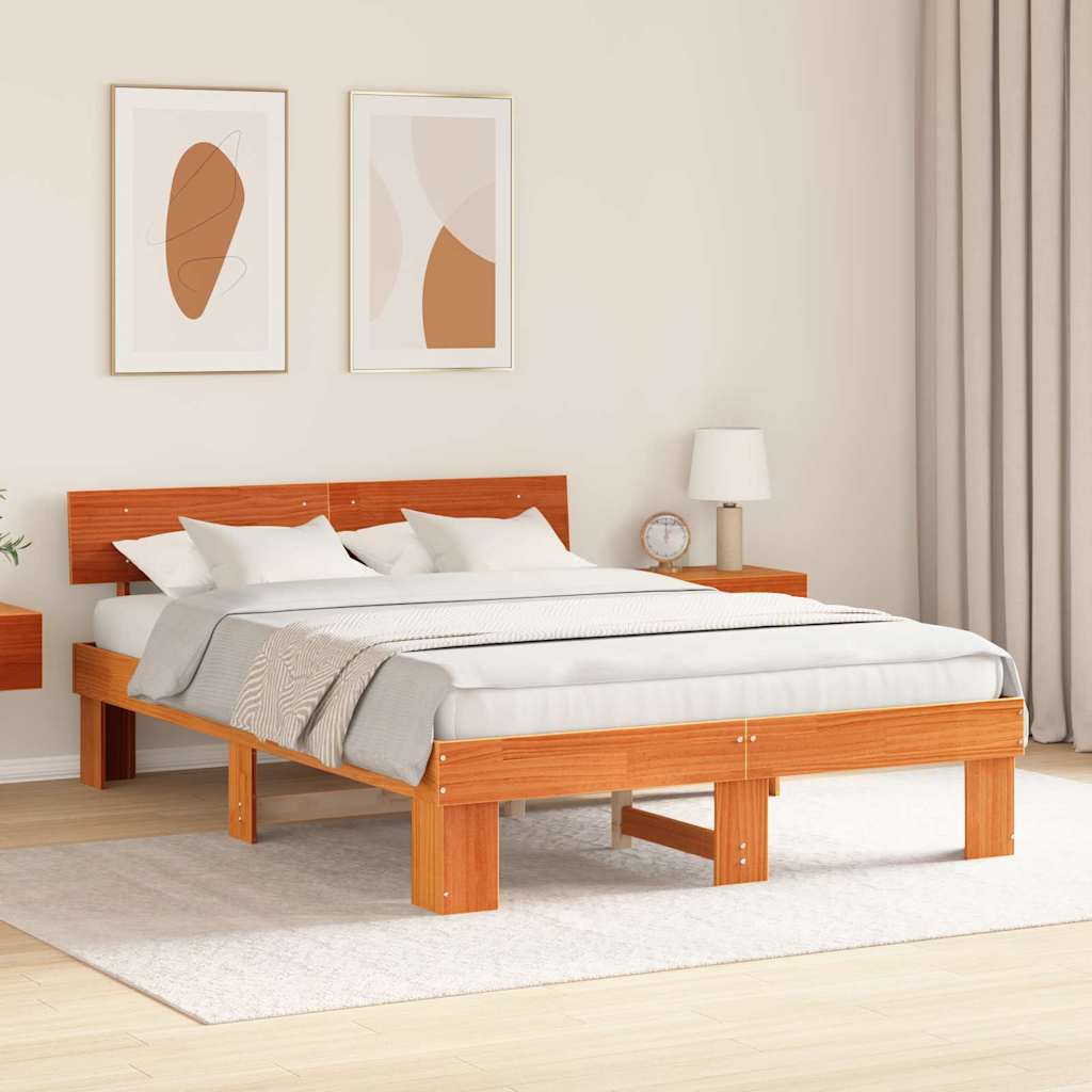 Bed Frame with Headboard Wax Brown 150 x 200 cm Solid Pine Wood