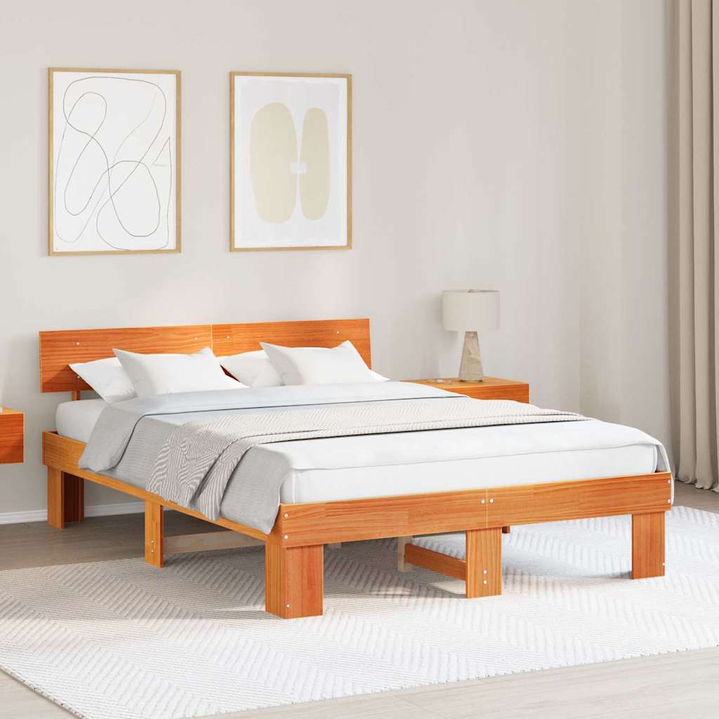 Bed Frame with Headboard Wax Brown 140 x 200 cm Solid Pine Wood