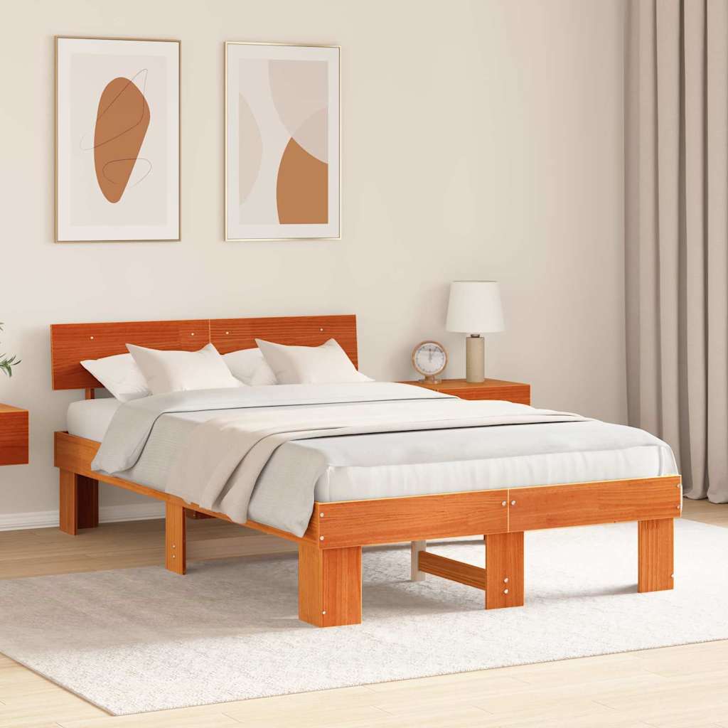 Bed Frame with Headboard Wax Brown 120 x 190 cm Solid Pine Wood
