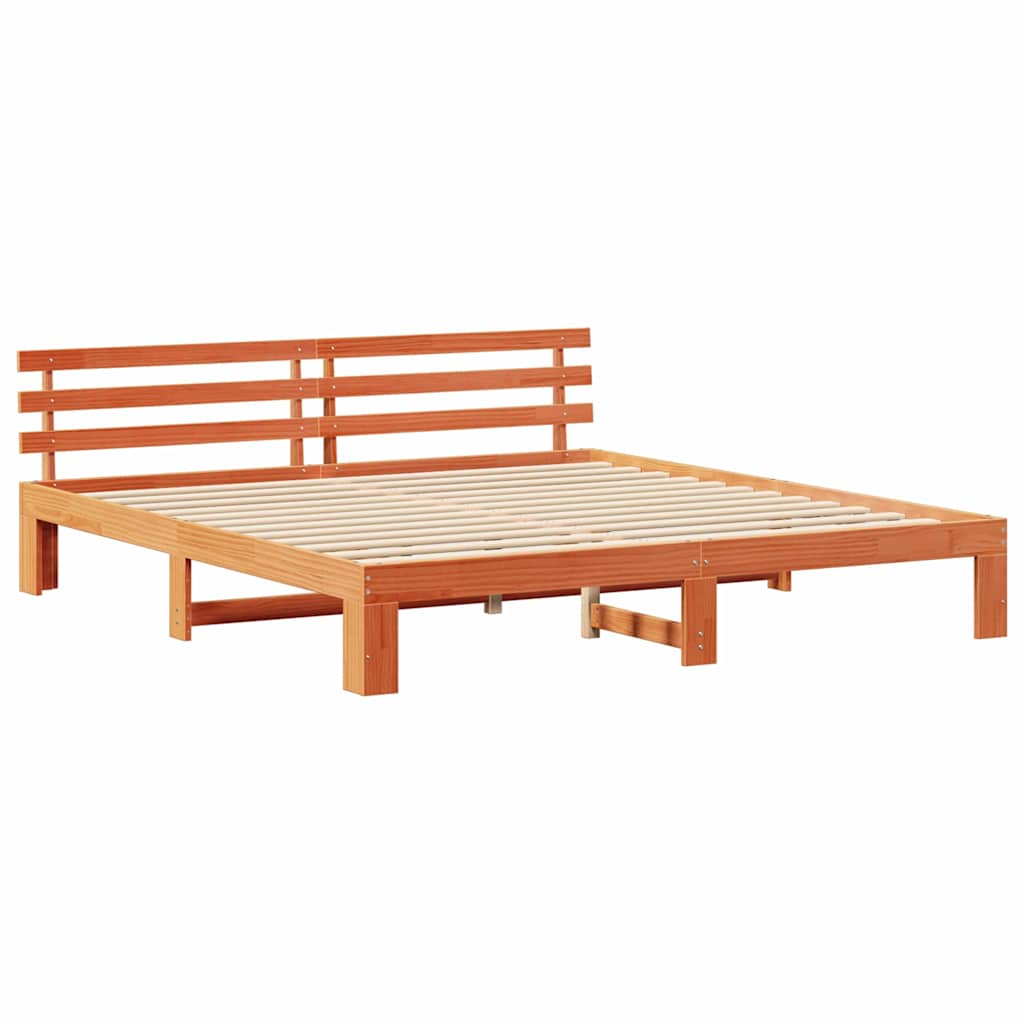 Bed Frame with Headboard Wax Brown 200 x 200 cm Solid Pine Wood