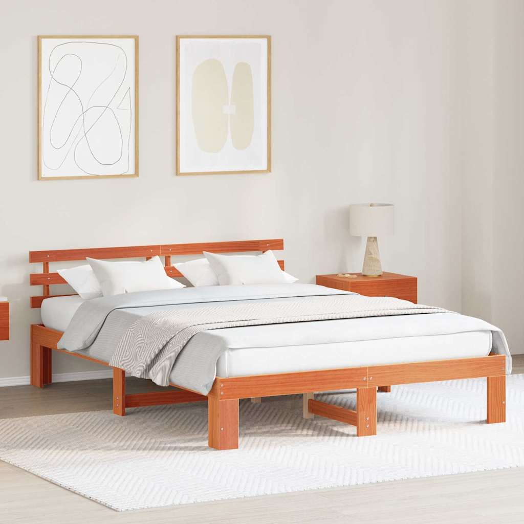 Bed Frame with Headboard Wax Brown 140 x 200 cm Solid Pine Wood
