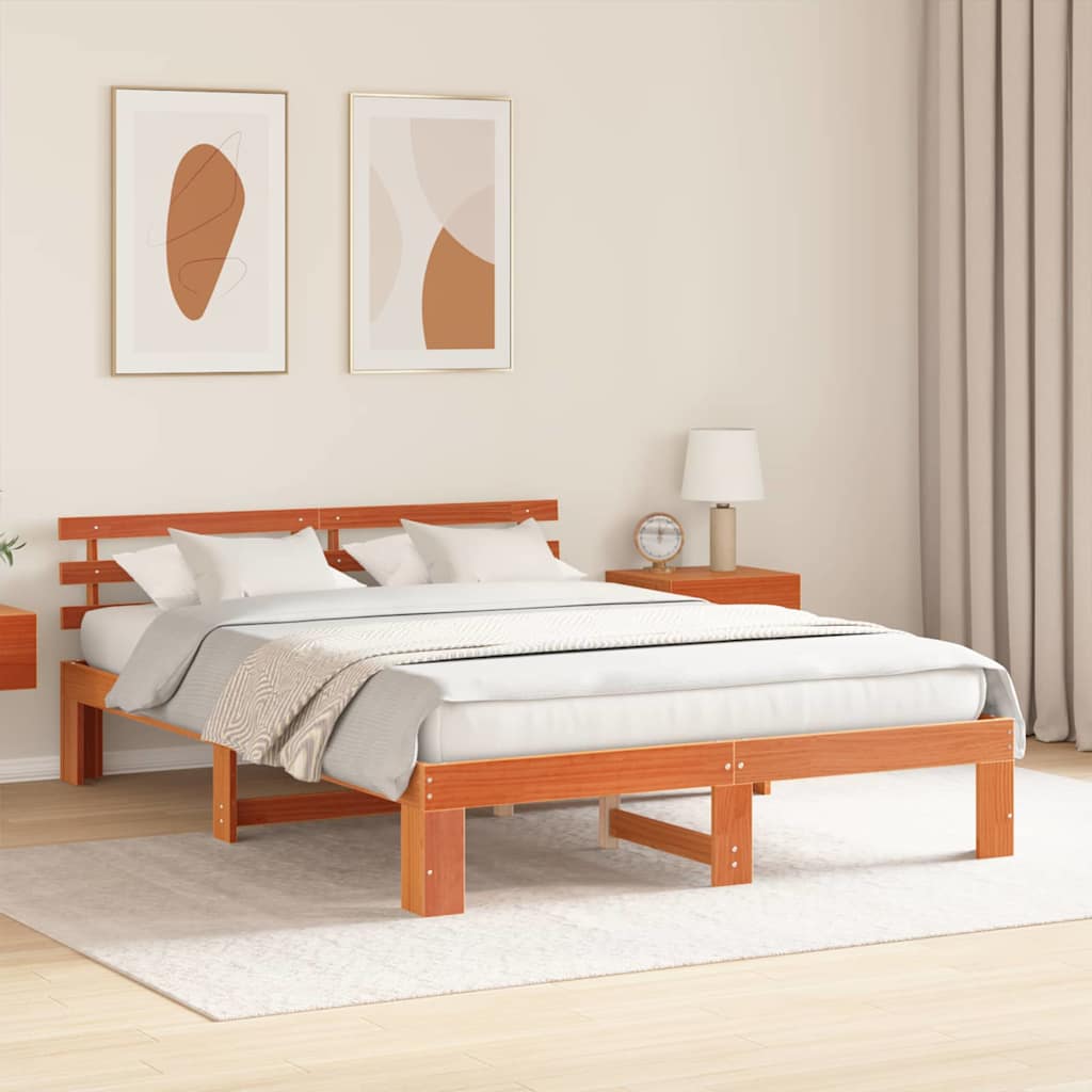 Bed Frame with Headboard Wax Brown 140 x 200 cm Solid Pine Wood
